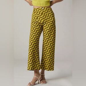 Anthropologie Maeve Collette Yellow and Brown Wave Pattern Wide Leg Pants